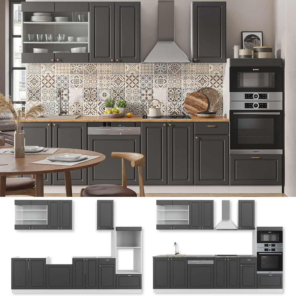 Vicco Cucina componibile Antracite-Oro/Bianco 300 cm con armadio alto, senza piano di lavoro