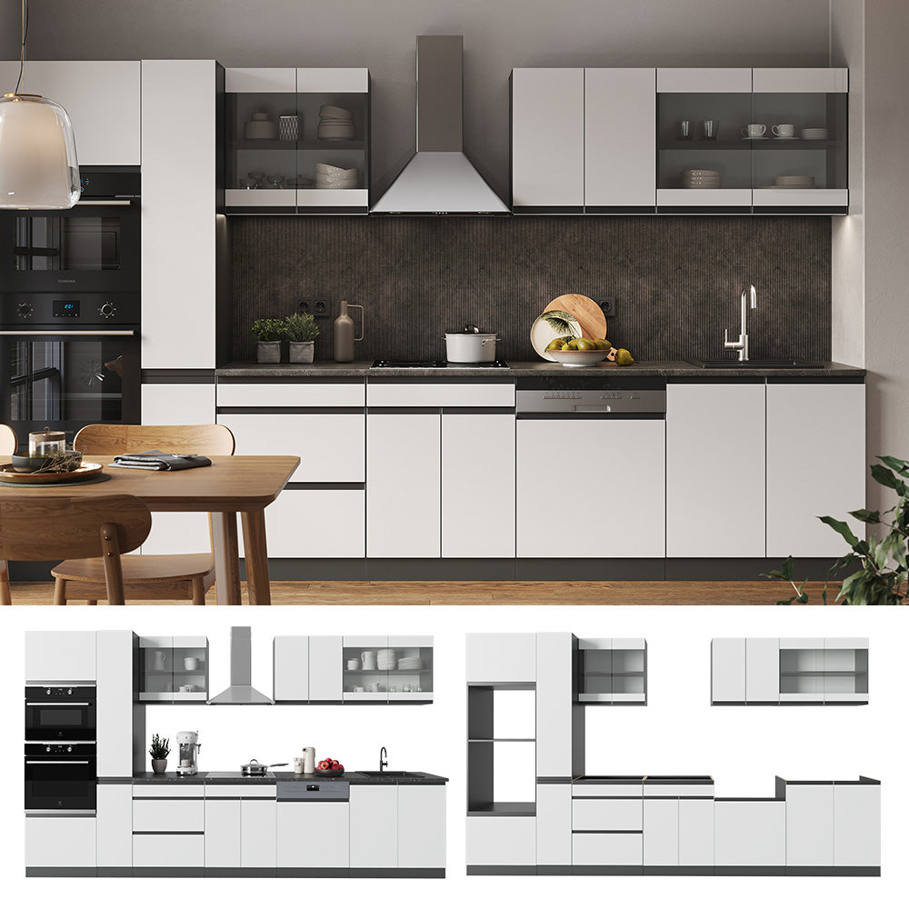 Vicco Cucina componibile Bianco/antracite 350 cm Forma a J, con mobile alto, senza piano di lavoro