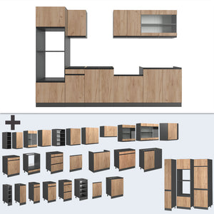 Vicco Cucina componibile Quercia dorata/antracite 300 cm Forma a J, con mobile alto, senza piano di lavoro