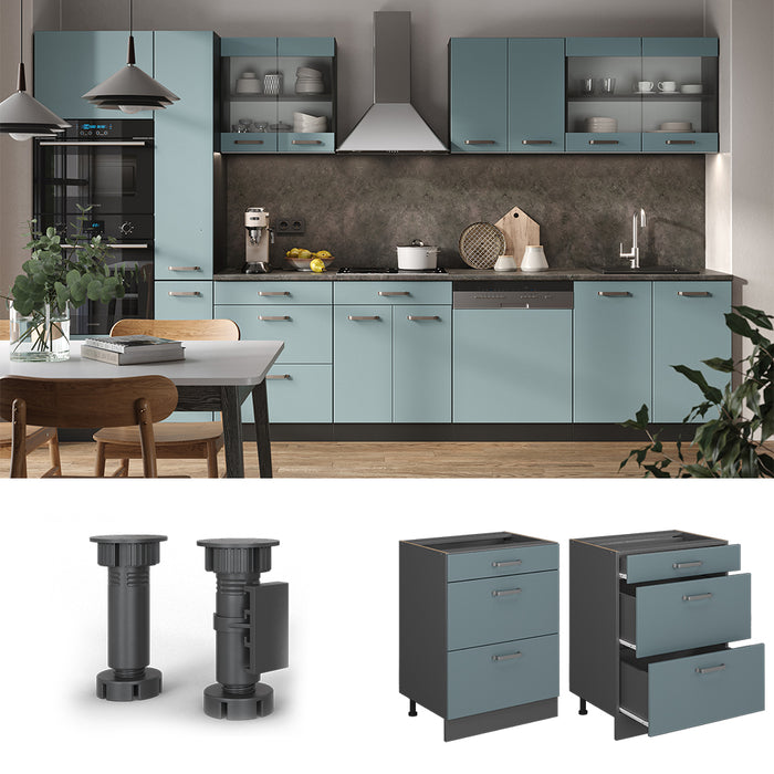 Vicco Mobiletto base per cucina Grigio-blu 60 cm con cassetti, PL Rovere