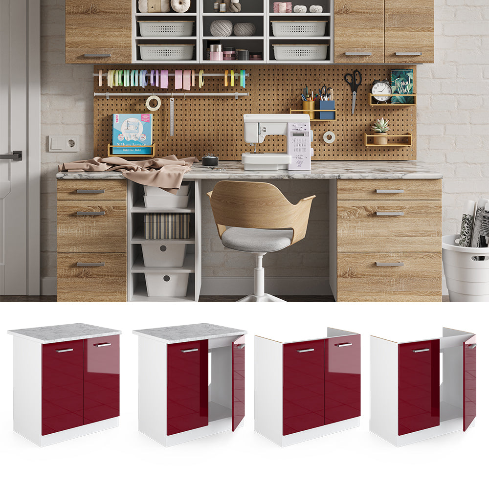 Vicco Base per lavello Rosso bordeaux lucido 80 cm con ante, con piano di lavoro