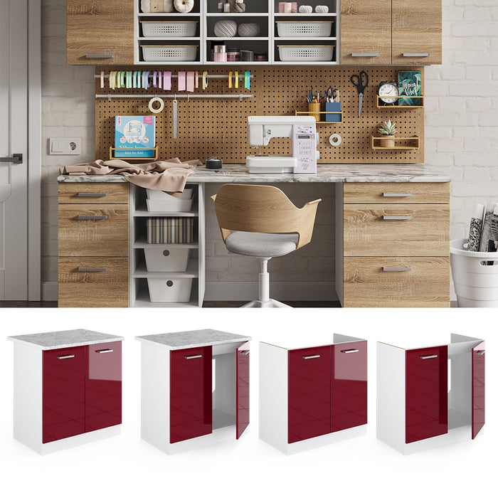 Vicco Base per lavello Rosso bordeaux lucido 80 cm con ante, con piano di lavoro
