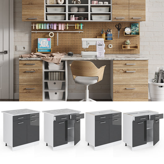 Vicco Base universale Antracite lucido 80 cm con cassetti e ante, senza piano di lavoro