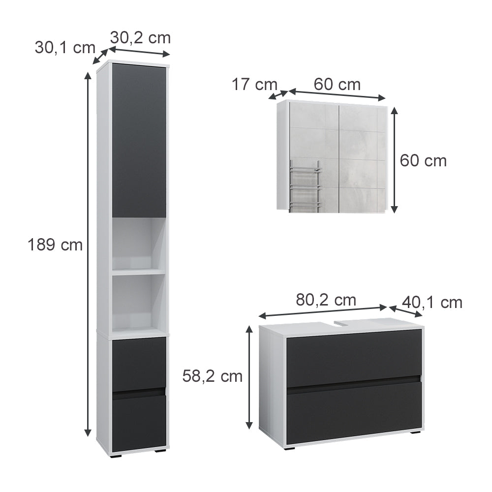 Vicco Set di mobili da bagno Bianco/antracite 3 parti, con colonna