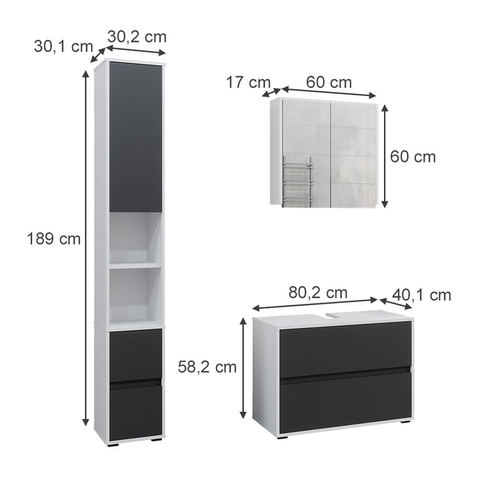 Vicco Set di mobili da bagno Bianco/antracite 3 parti, con colonna