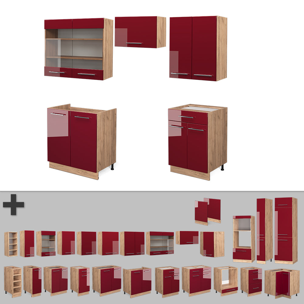 Vicco Cucina componibile Bordeaux lucido/rovere dorato 200 cm , PL Marmo