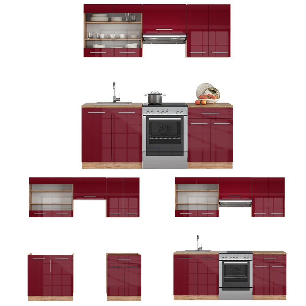 Vicco Cucina componibile Bordeaux lucido/rovere dorato 200 cm senza piano di lavoro