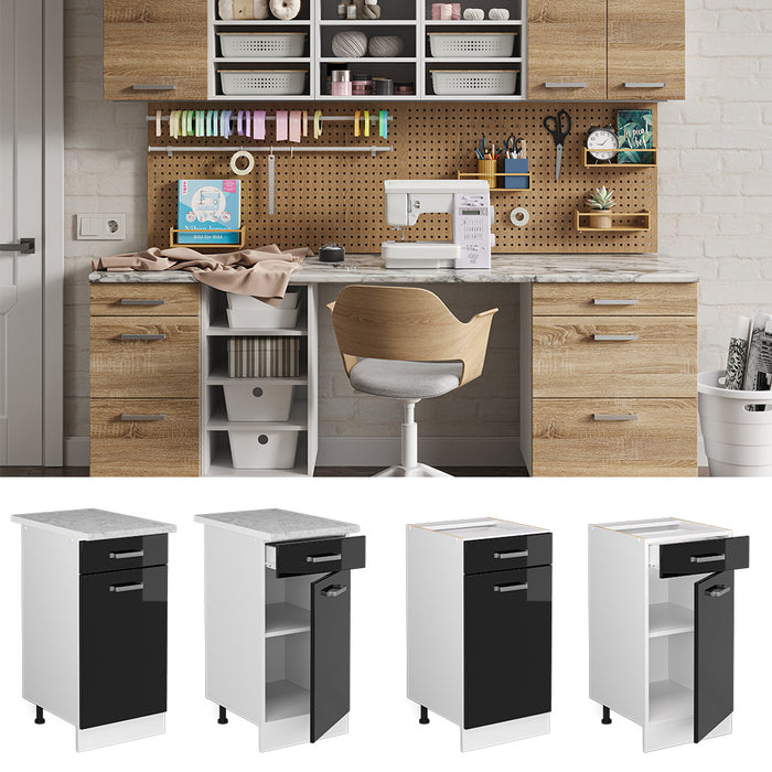 Vicco Base universale Nero lucido 40 cm con cassetto, con piano di lavoro