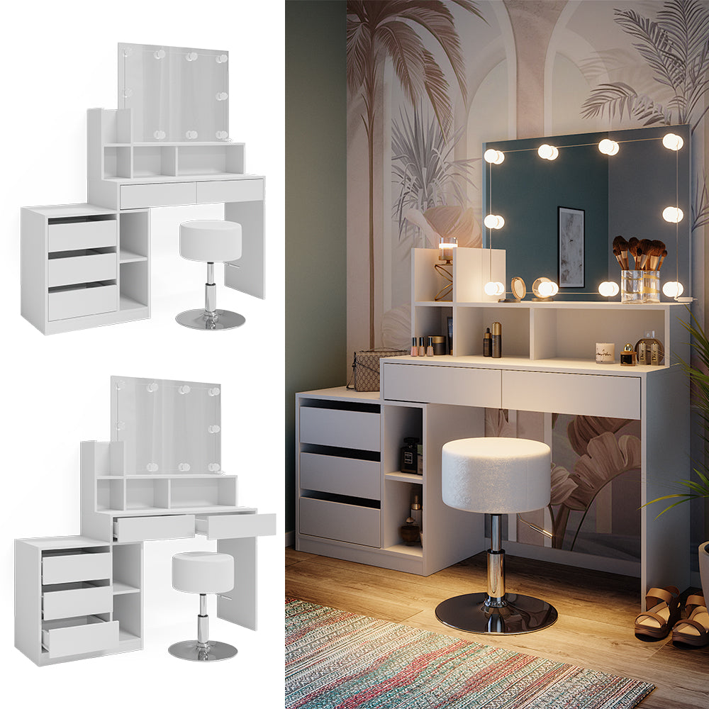 Vicco Tavolo da toeletta Bianco 139.8 cm con illuminazione a LED e sgabello
