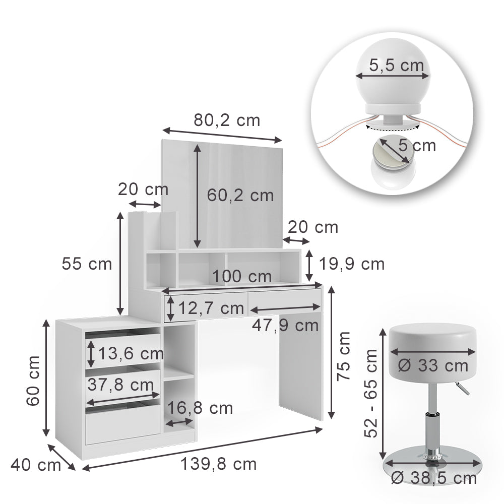 Vicco Tavolo da toeletta Bianco 139.8 cm con illuminazione a LED e sgabello