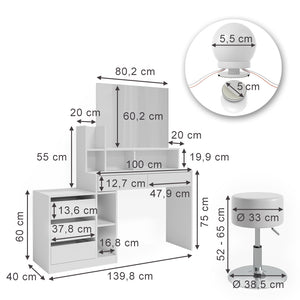 Vicco Tavolo da toeletta Bianco 139.8 cm con illuminazione a LED e sgabello