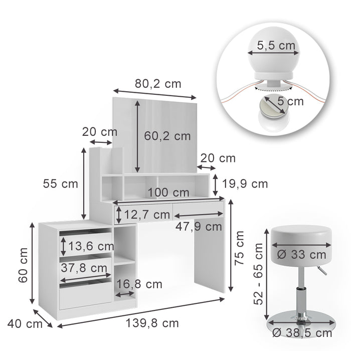 Vicco Tavolo da toeletta Bianco 139.8 cm con illuminazione a LED e sgabello