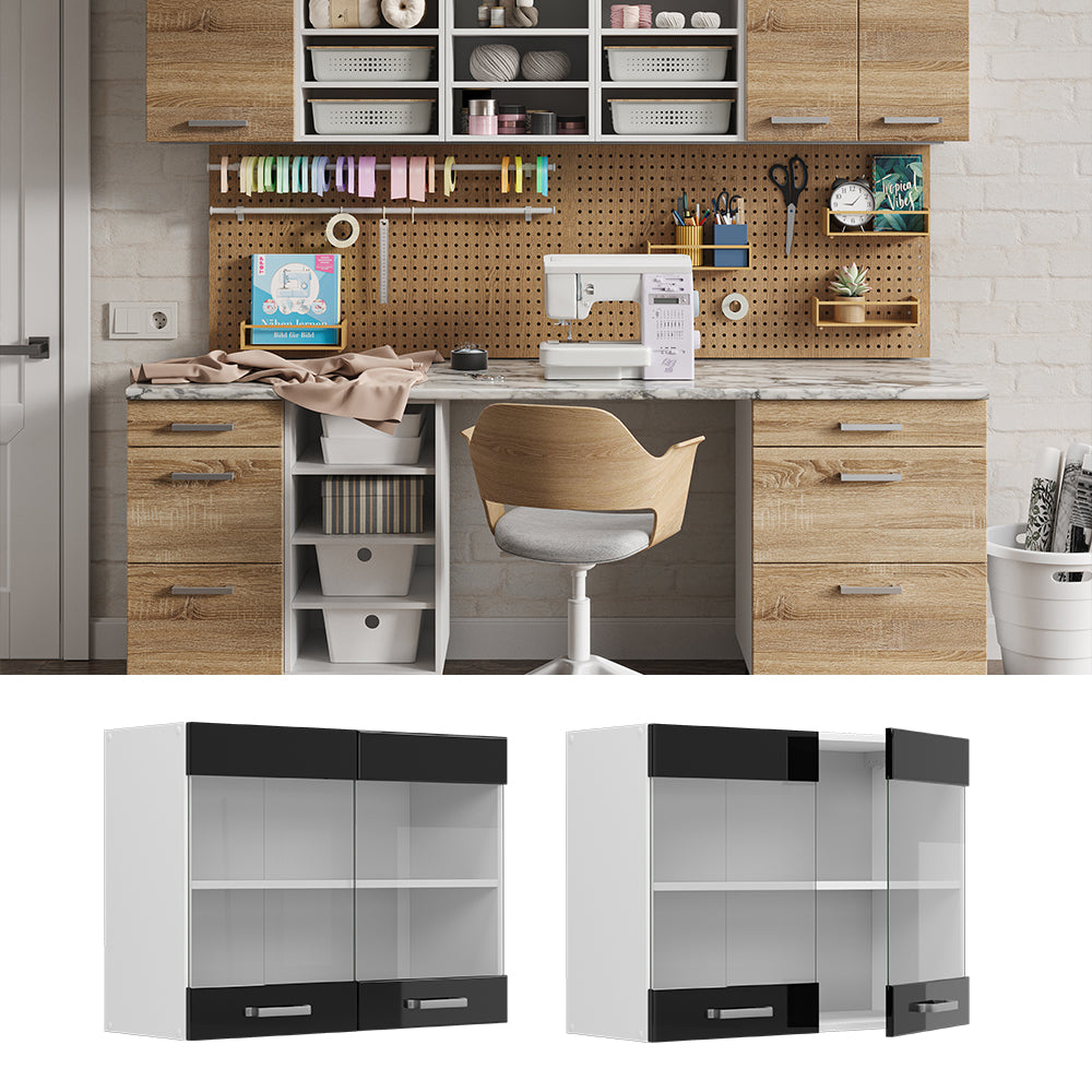 Vicco Pensile universale Nero lucido 80 cm con ante in vetro