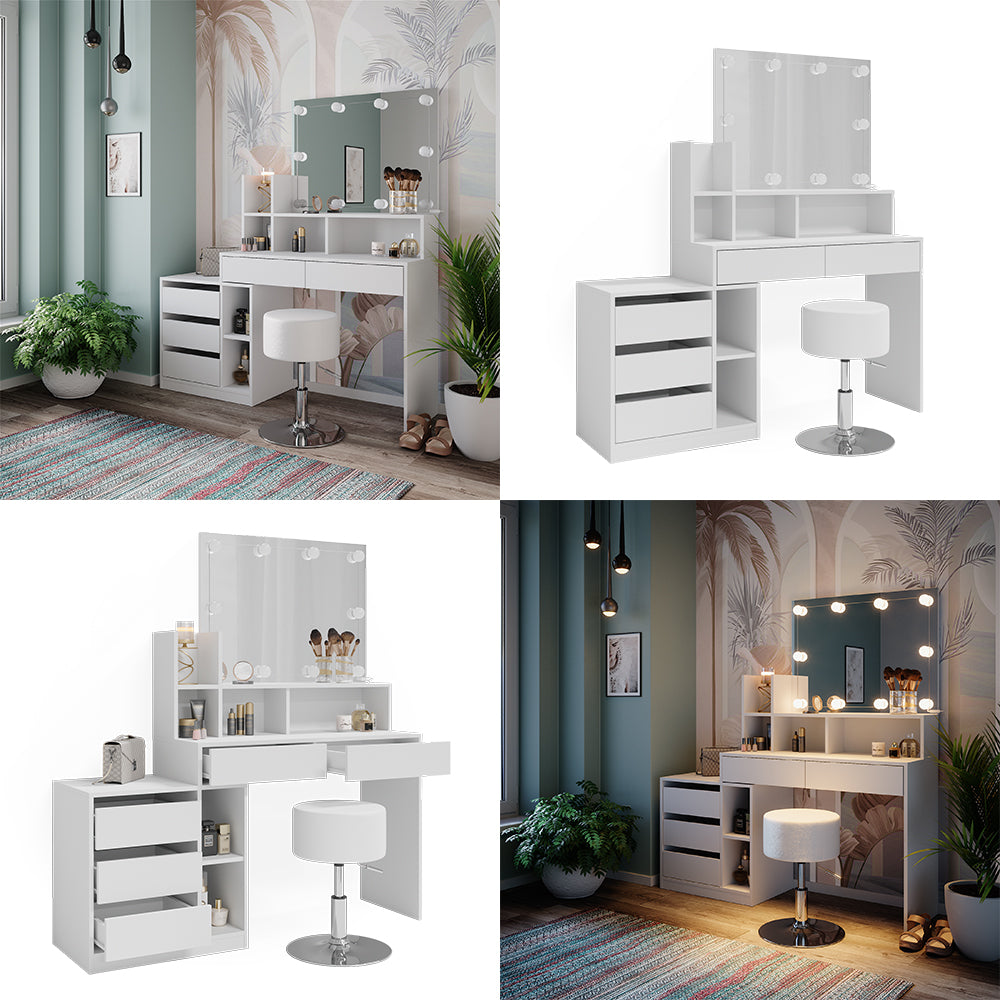 Vicco Tavolo da toeletta Bianco 139.8 cm con illuminazione a LED e sgabello