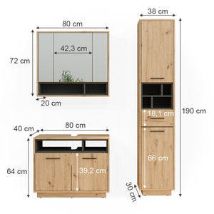 Vicco Set di mobili da bagno Rovere artigianale 3 parti, con colonna