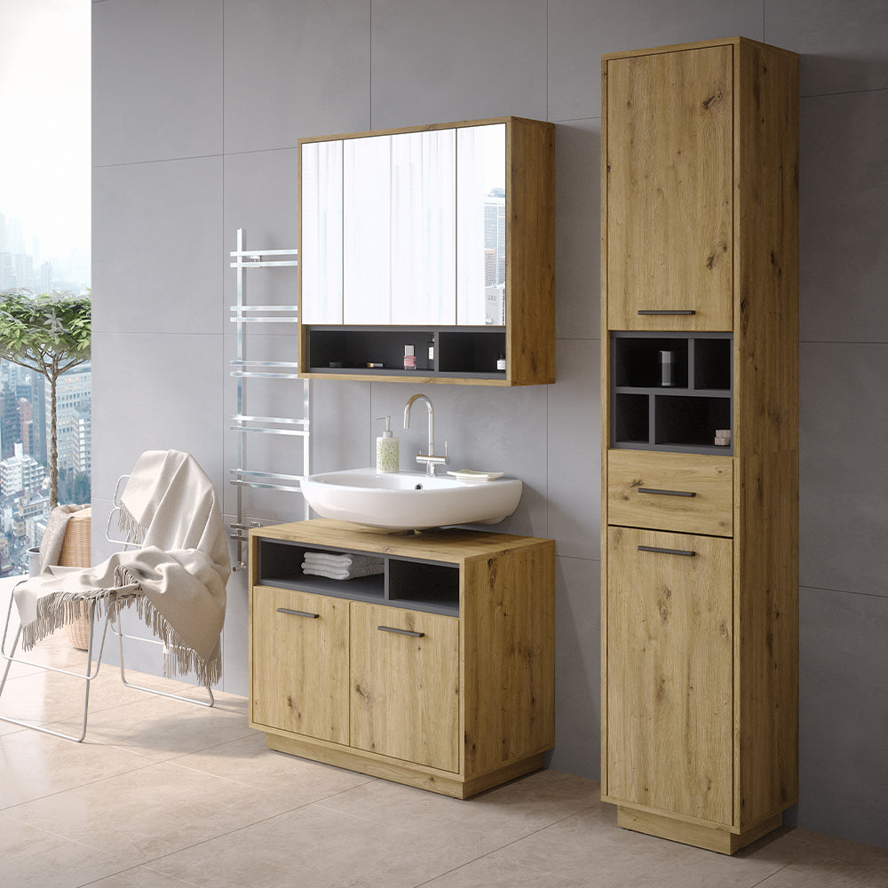 Vicco Set di mobili da bagno Rovere artigianale 3 parti, con colonna