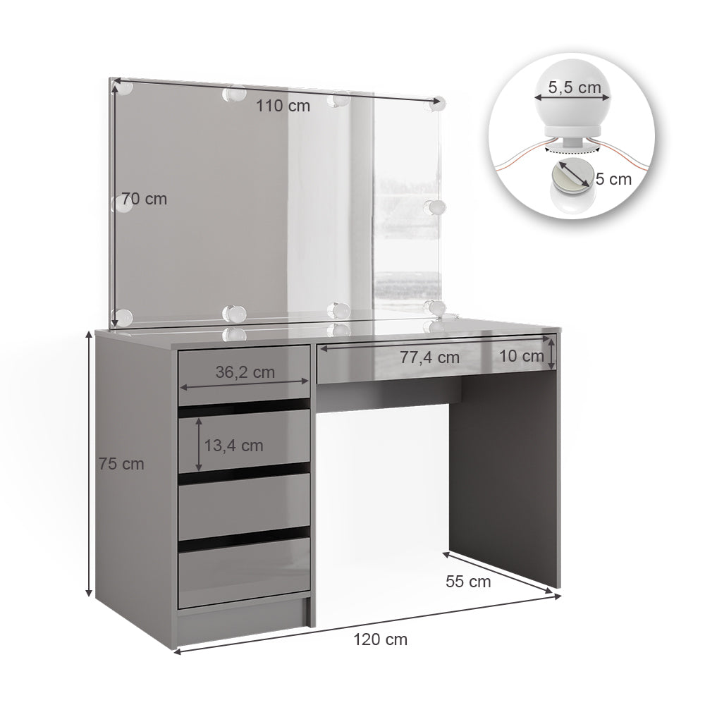 Vicco Tavolo da toeletta Grigio 55 cm con illuminazione a LED