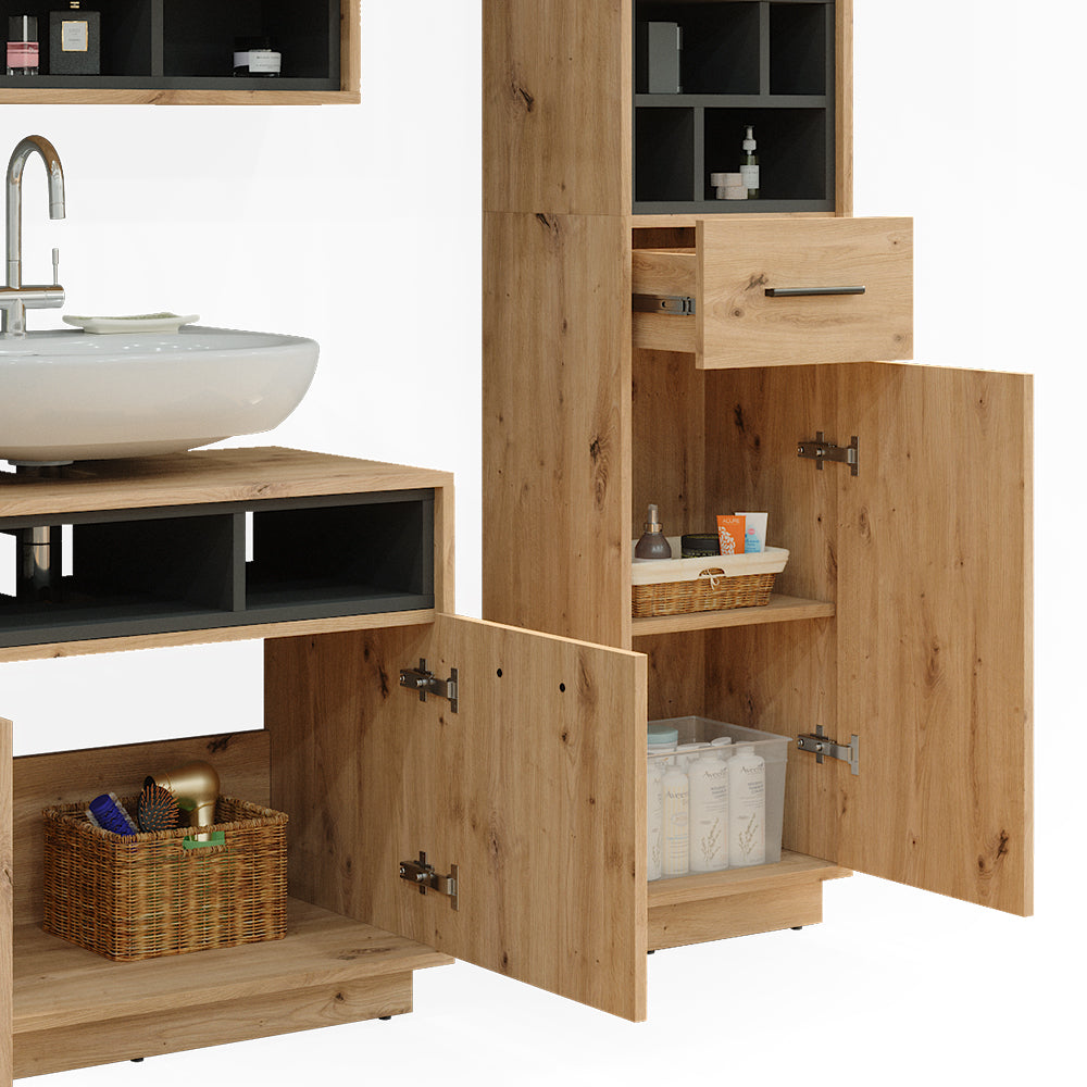 Vicco Set di mobili da bagno Rovere artigianale 3 parti, con colonna