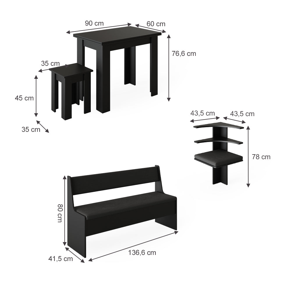 Vicco Gruppo panca ad angolo Nero 180 x 41.5 cm con tavolo