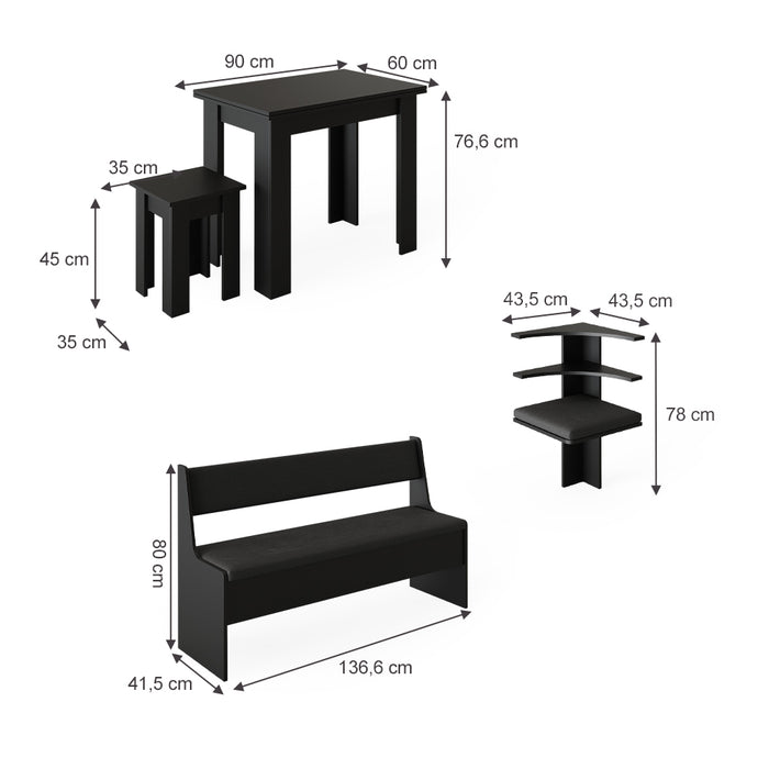 Vicco Gruppo panca ad angolo Nero 180 x 41.5 cm con tavolo