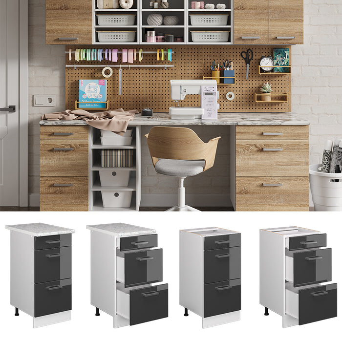 Vicco Base universale Antracite lucido 40 cm con cassetti, senza piano di lavoro