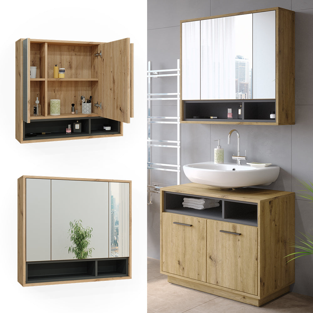 Vicco Specchio contenitore bagno Rovere artigianale/antracite 80 x 72 cm