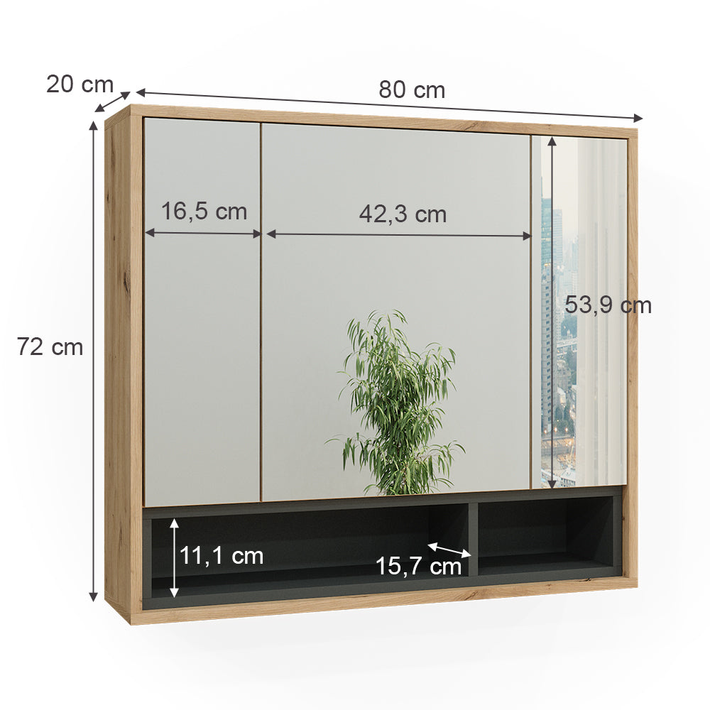 Vicco Specchio contenitore bagno Rovere artigianale/antracite 80 x 72 cm