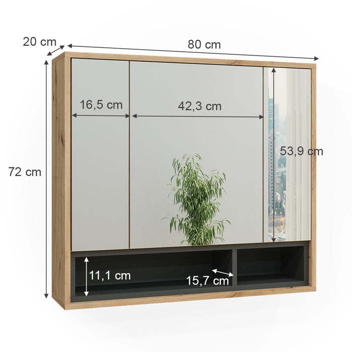 Vicco Specchio contenitore bagno Rovere artigianale/antracite 80 x 72 cm