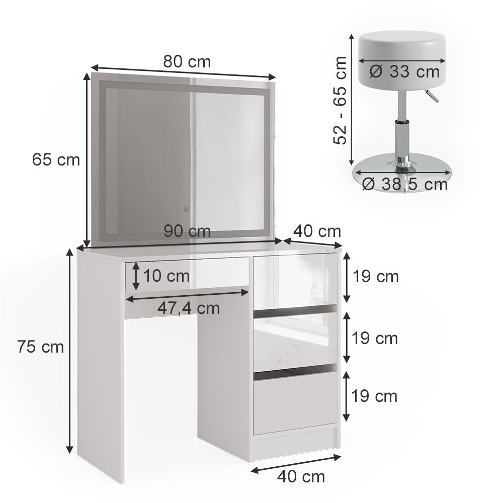 Vicco Tavolo da toeletta Bianco 40 cm con specchio LED e sgabello