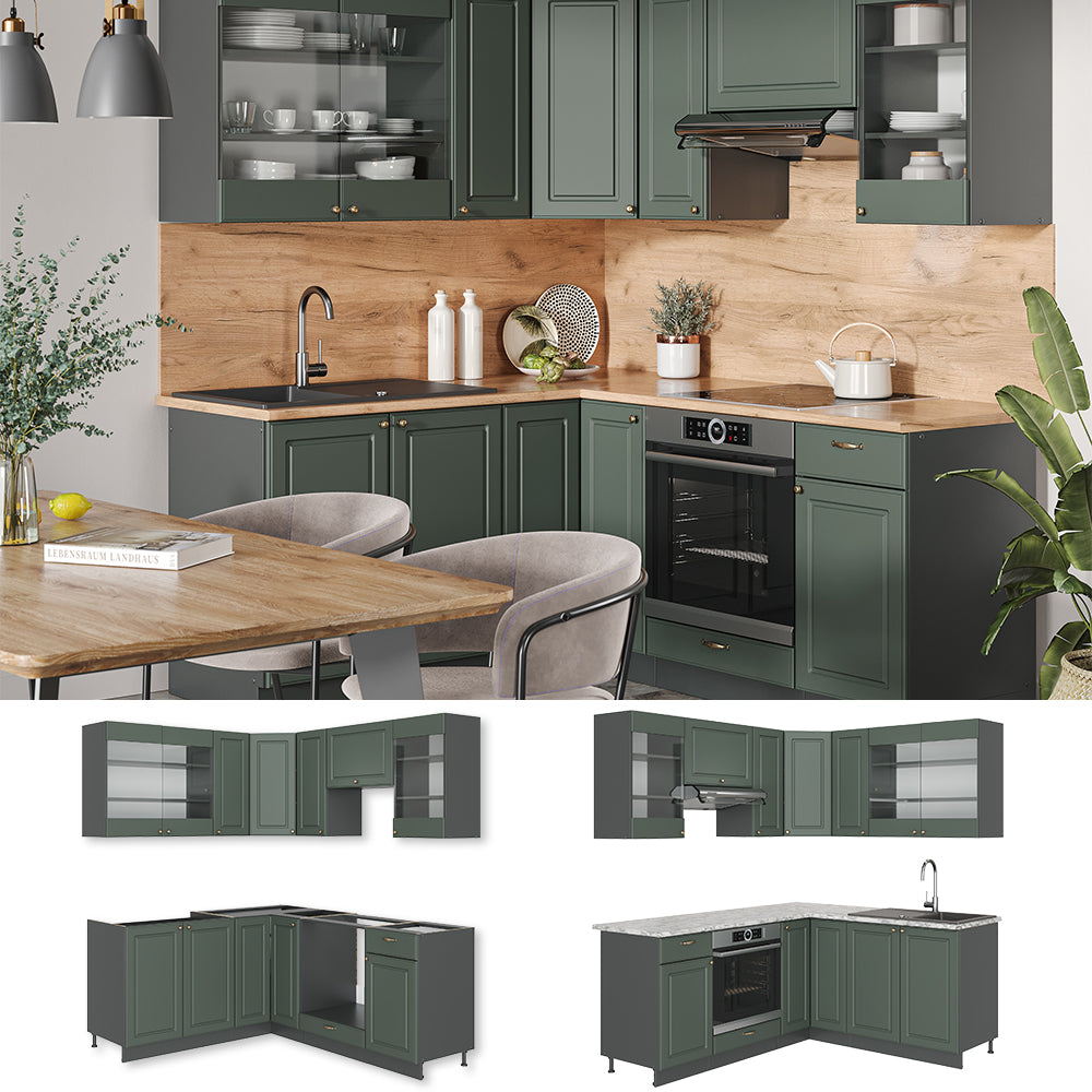 Vicco Cucina angolare completa Verde-oro Country House/Antracite 160 x 60 cm senza piano di lavoro