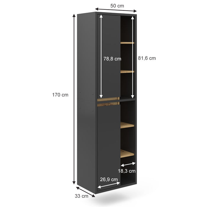 Vicco Armadio per il bagno Antracite 50 x 170 cm con ante e vani a giorno