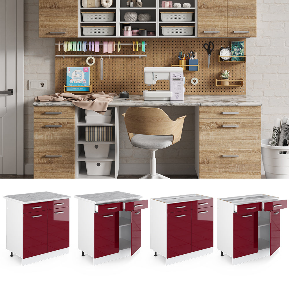 Vicco Base universale Rosso bordeaux lucido 80 cm con cassetti e ante, senza piano di lavoro