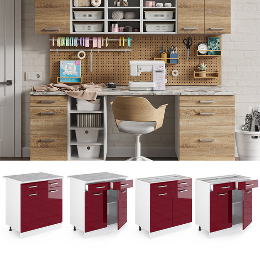 Vicco Base universale Rosso bordeaux lucido 80 cm con cassetti e ante, senza piano di lavoro