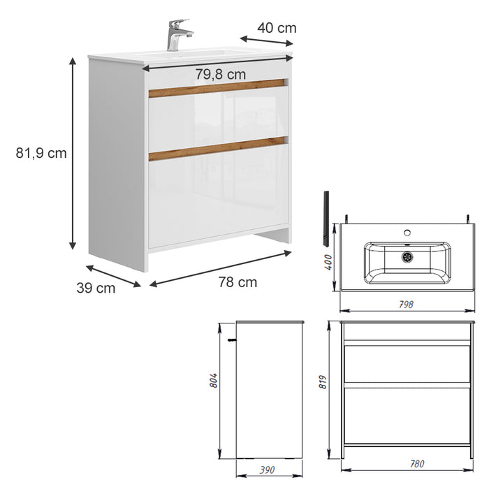 Vicco Set di mobili da bagno Bianco 2 parti, mobile base 80 cm