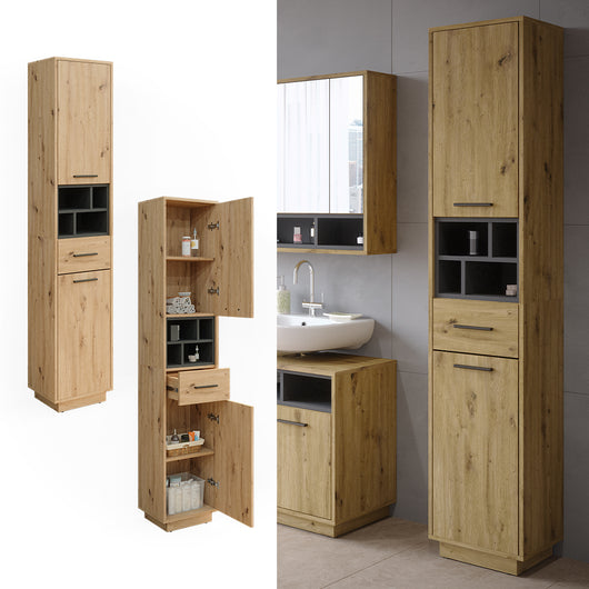 Vicco Armadio per il bagno Rovere artigianale/antracite 38 x 190 cm con ante, cassetto