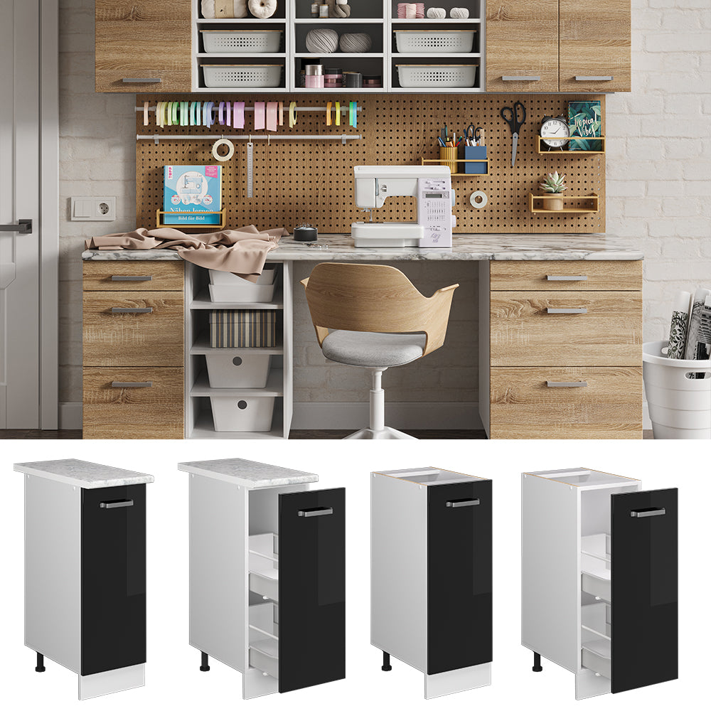 Vicco Base universale Nero lucido 30 cm con anta, con piano di lavoro