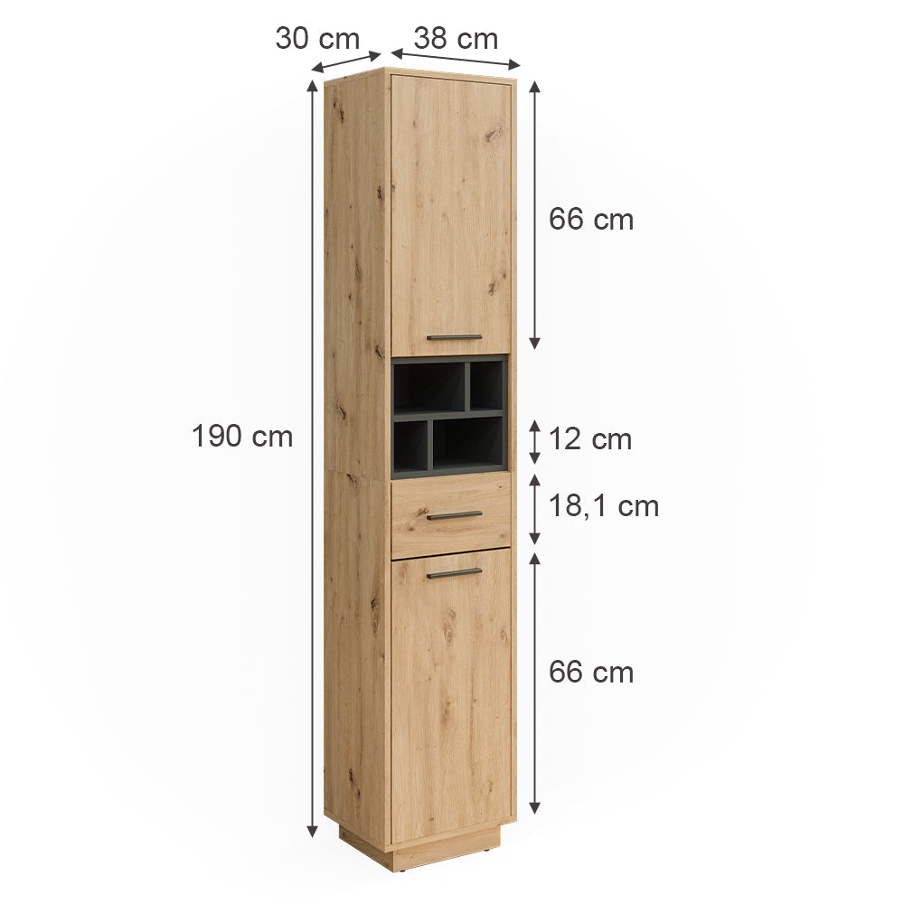 Vicco Armadio per il bagno Rovere artigianale/antracite 38 x 190 cm con ante, cassetto
