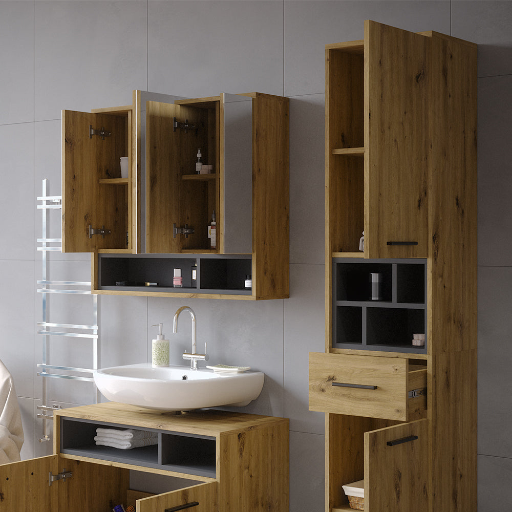 Vicco Armadio per il bagno Rovere artigianale/antracite 38 x 190 cm con ante, cassetto