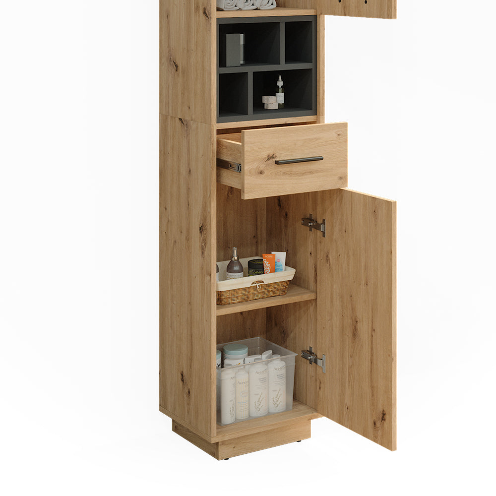Vicco Armadio per il bagno Rovere artigianale/antracite 38 x 190 cm con ante, cassetto