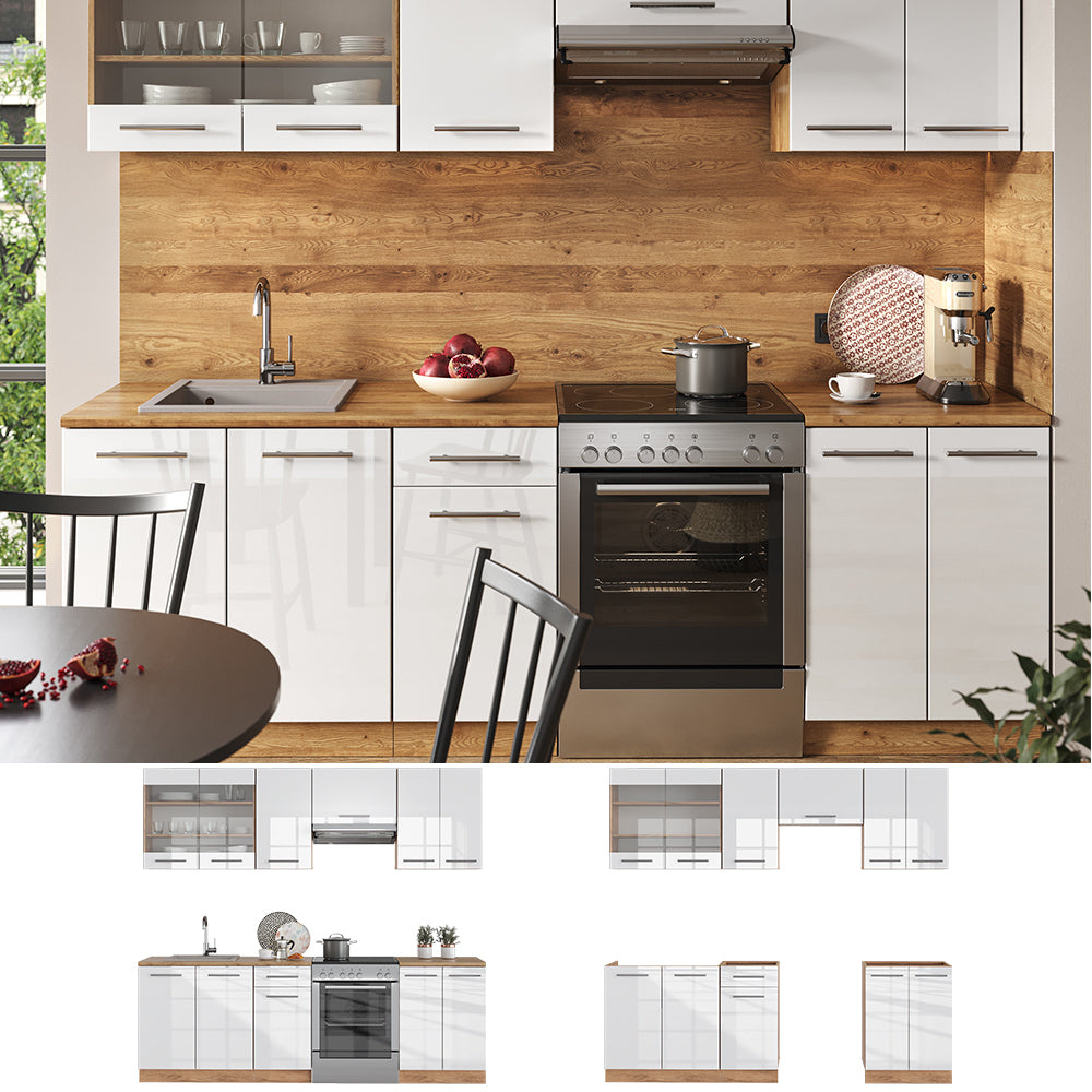 Vicco Cucina componibile Bianco lucido/oro power oak 240 cm , PL Marmo