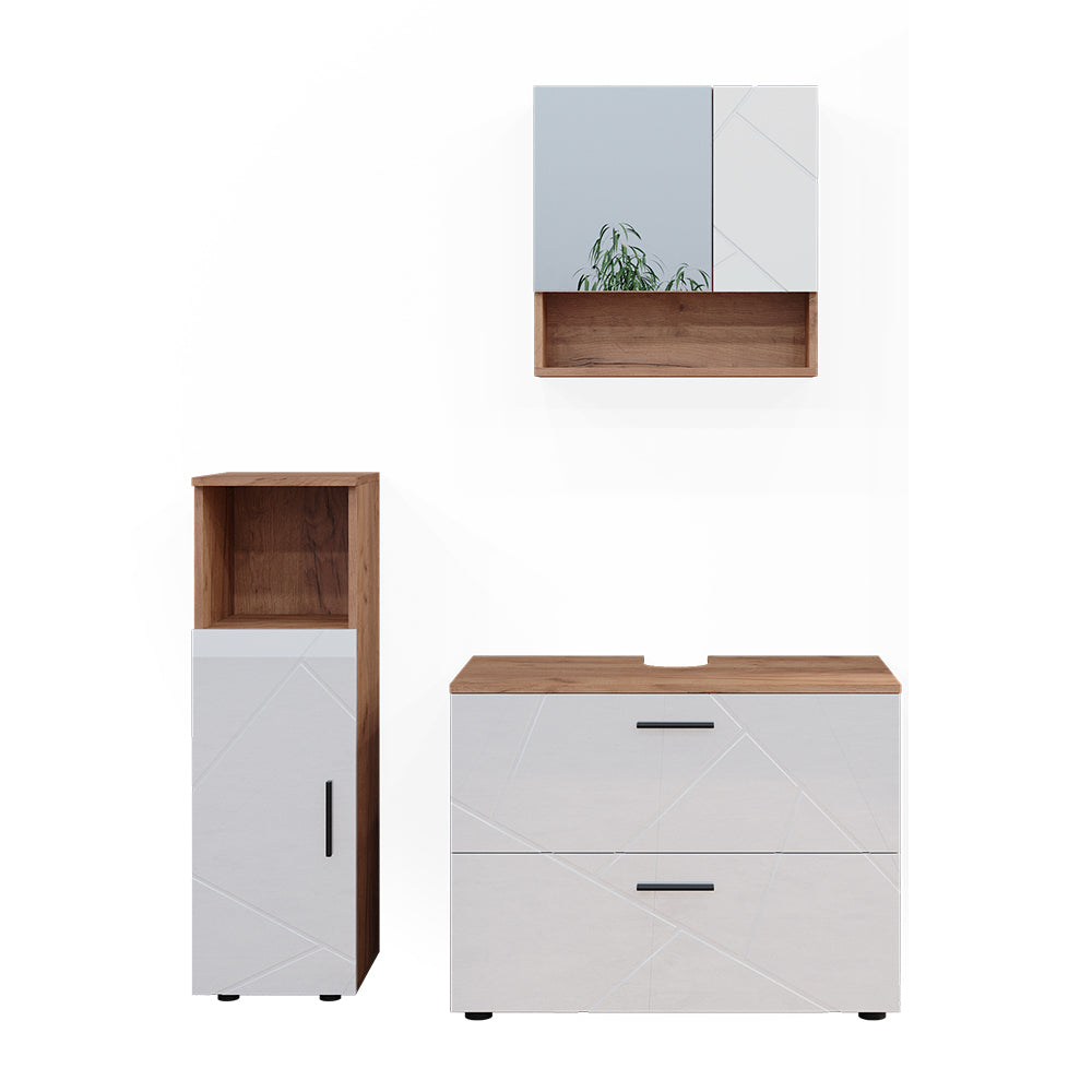 Vicco Set di mobili da bagno Bianco lucido/oro power oak 3 parti, con mobile midi