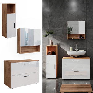 Vicco Set di mobili da bagno Bianco lucido/oro power oak 3 parti, con mobile midi