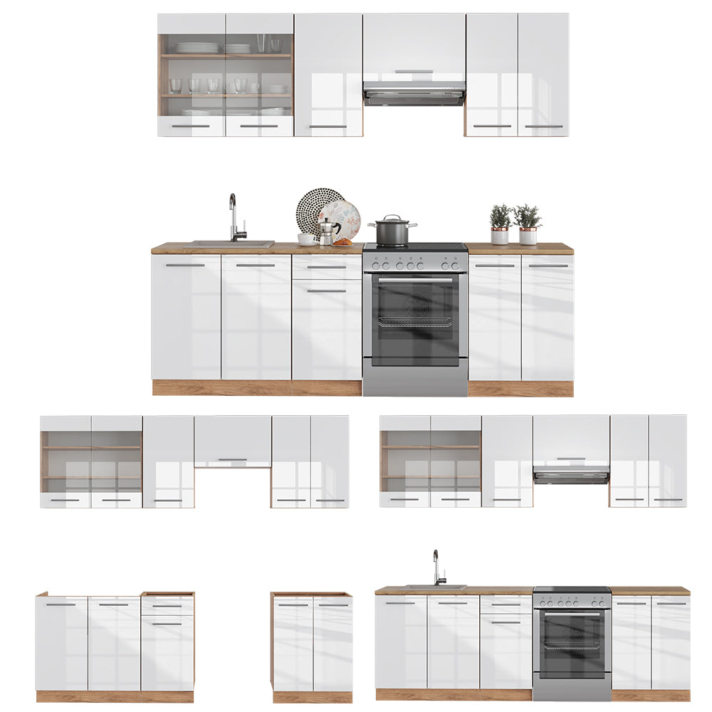 Vicco Cucina componibile Bianco lucido/oro power oak 240 cm senza piano di lavoro