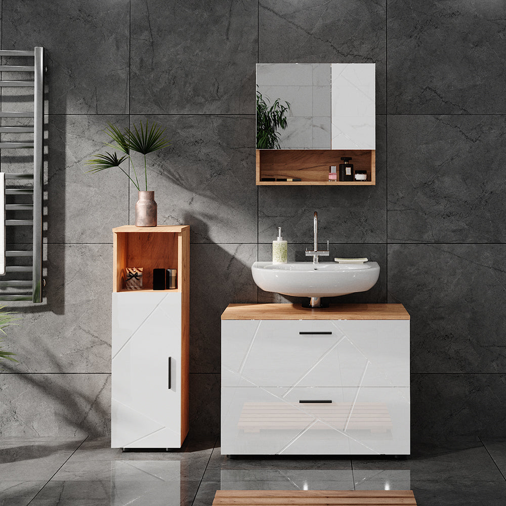 Vicco Set di mobili da bagno Bianco lucido/oro power oak 3 parti, con mobile midi