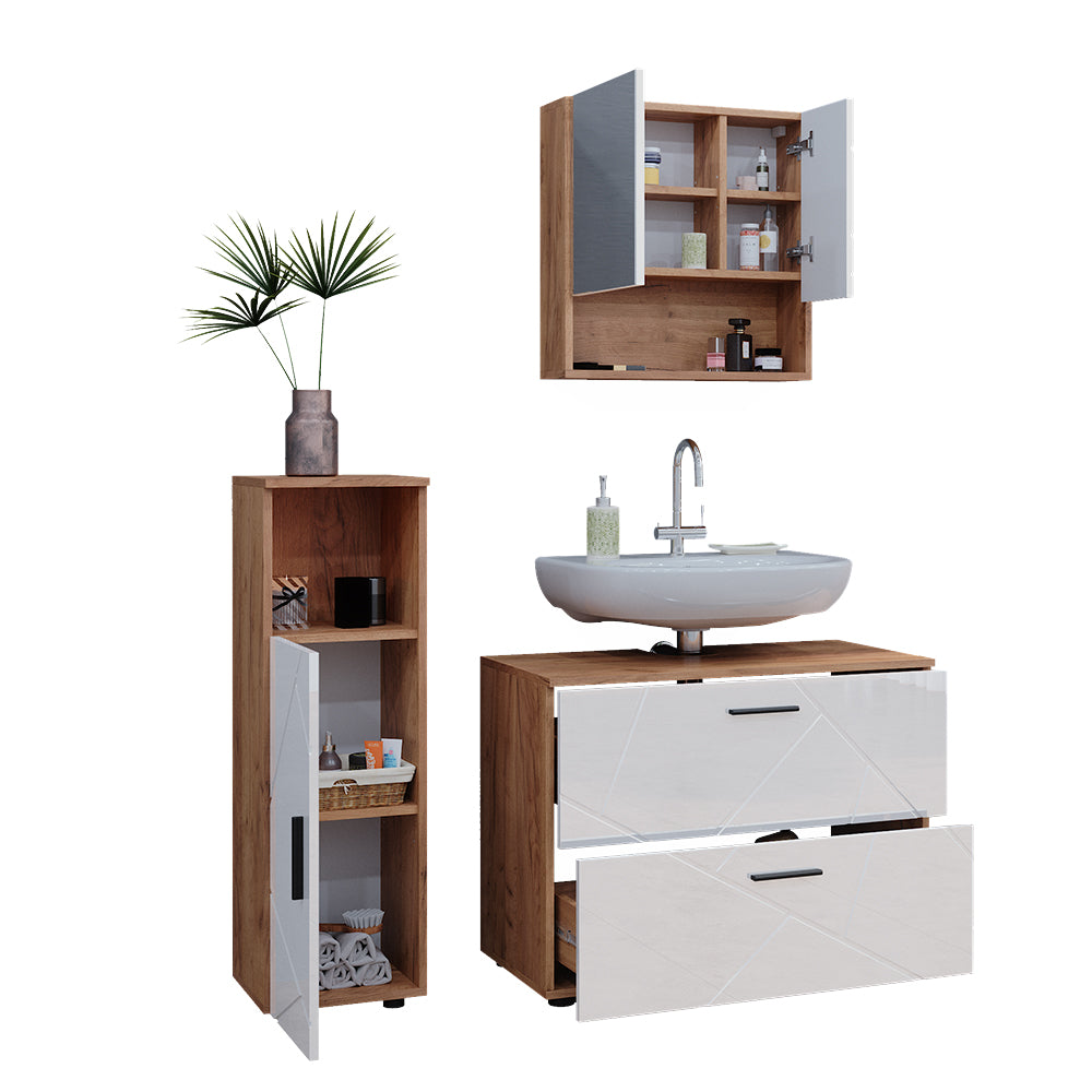 Vicco Set di mobili da bagno Bianco lucido/oro power oak 3 parti, con mobile midi