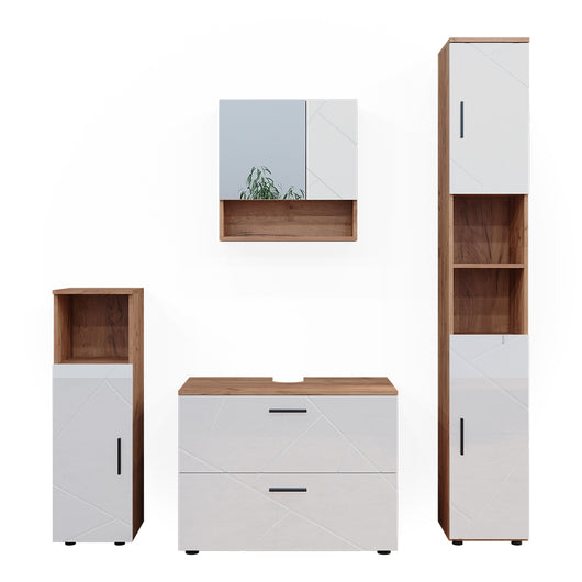 Vicco Set di mobili da bagno Bianco lucido/oro power oak 4 parti, con cassettiera e colonna