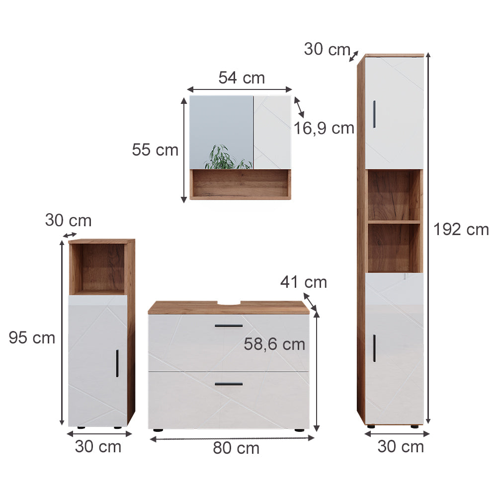 Vicco Set di mobili da bagno Bianco lucido/oro power oak 4 parti, con cassettiera e colonna