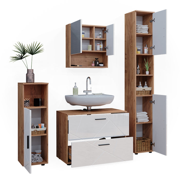 Vicco Set di mobili da bagno Bianco lucido/oro power oak 4 parti, con cassettiera e colonna