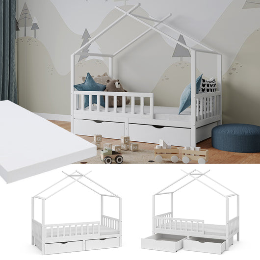 Vitalispa Letto montessori bambini Bianco 80x160 cm con 2 cassetti e materasso