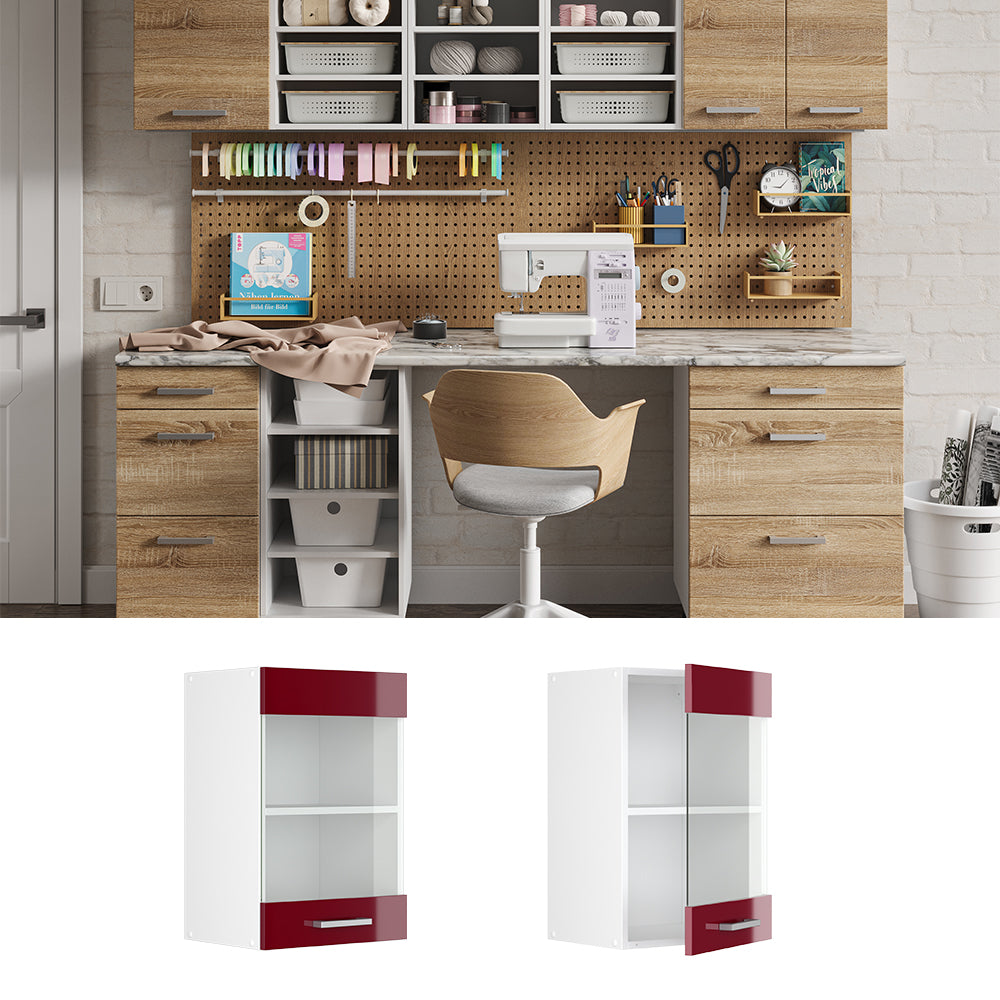 Vicco Pensile universale Rosso bordeaux lucido 40 cm con anta in vetro